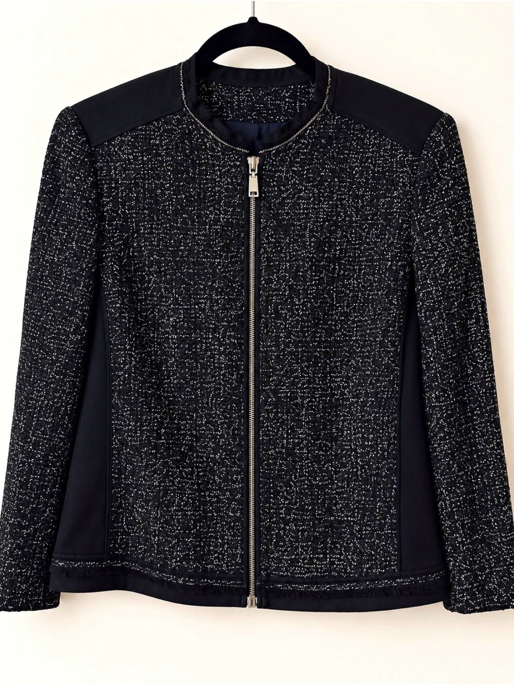 Elie Tahari Black Tweed Zip Bomber Jacket Fall Jacket